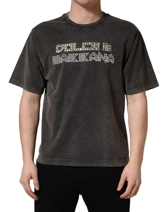 Dolce & Gabbana Gray Logo Embellished Men Crew Neck T-shirt