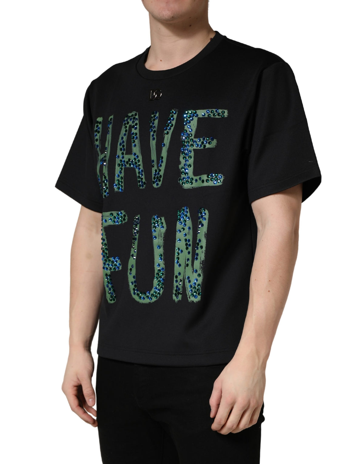 Dolce & Gabbana svart "Have Fun"-dekorerad t-shirt med rund halsringning