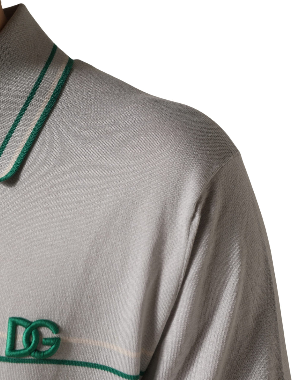 Dolce & Gabbana Gray Green Striped Logo Silk Polo T-shirt