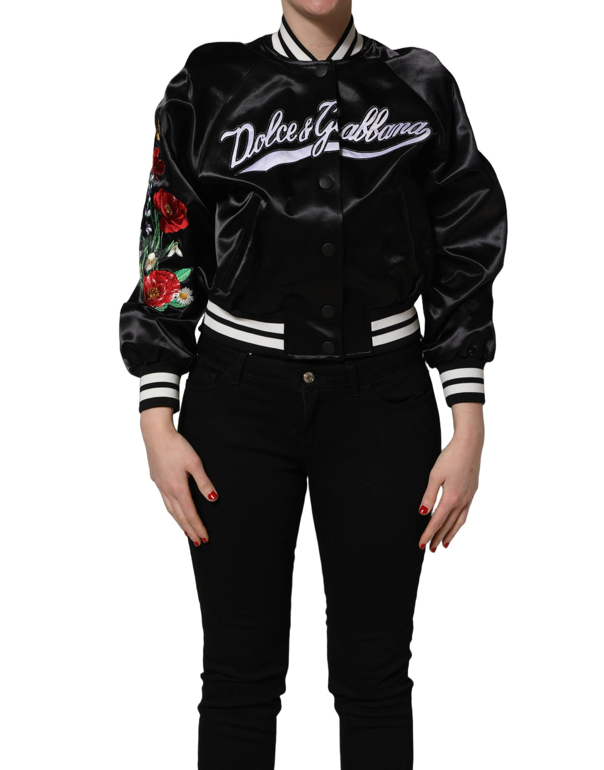 Dolce & Gabbana svart bomberjacka i siden med blomsterbroderi