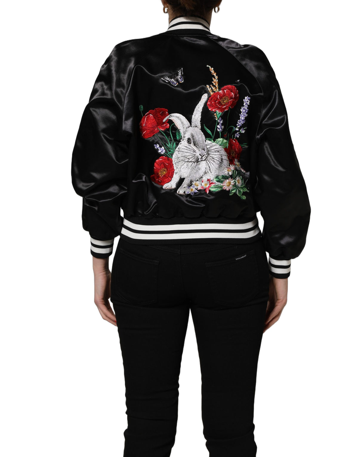 Dolce & Gabbana svart bomberjacka i siden med blomsterbroderi