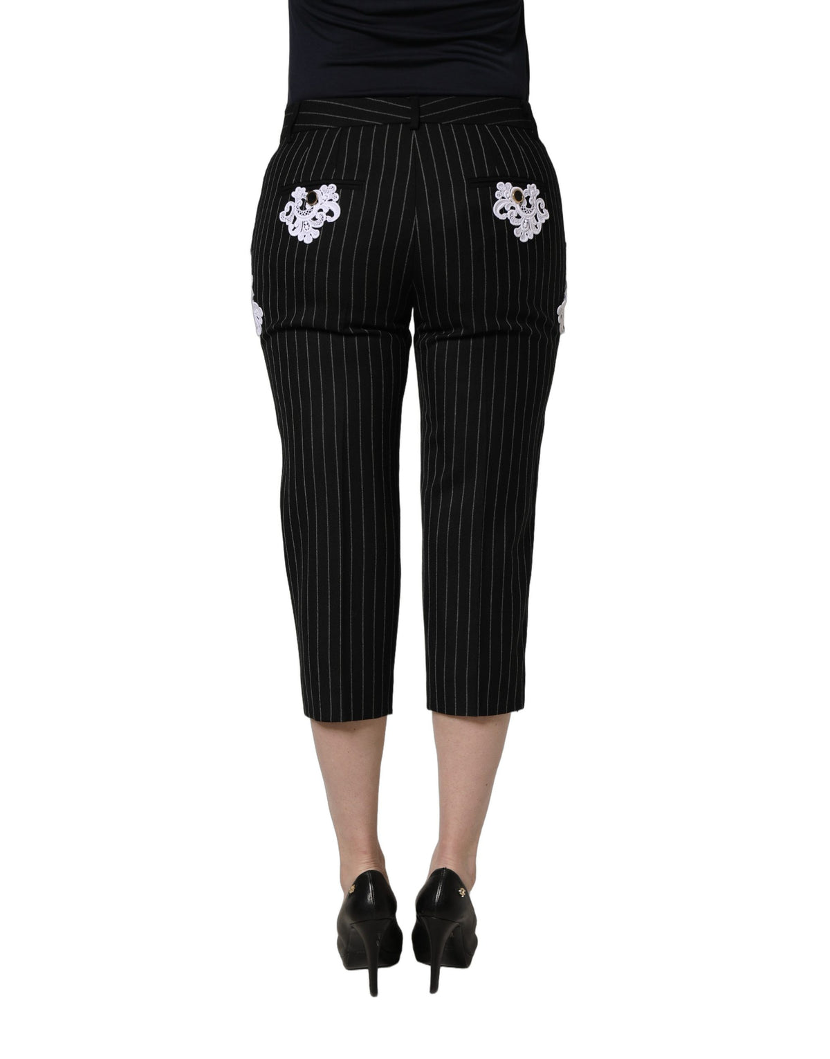 Dolce & Gabbana Black Lace Applique Pinstripe Cropped Pants