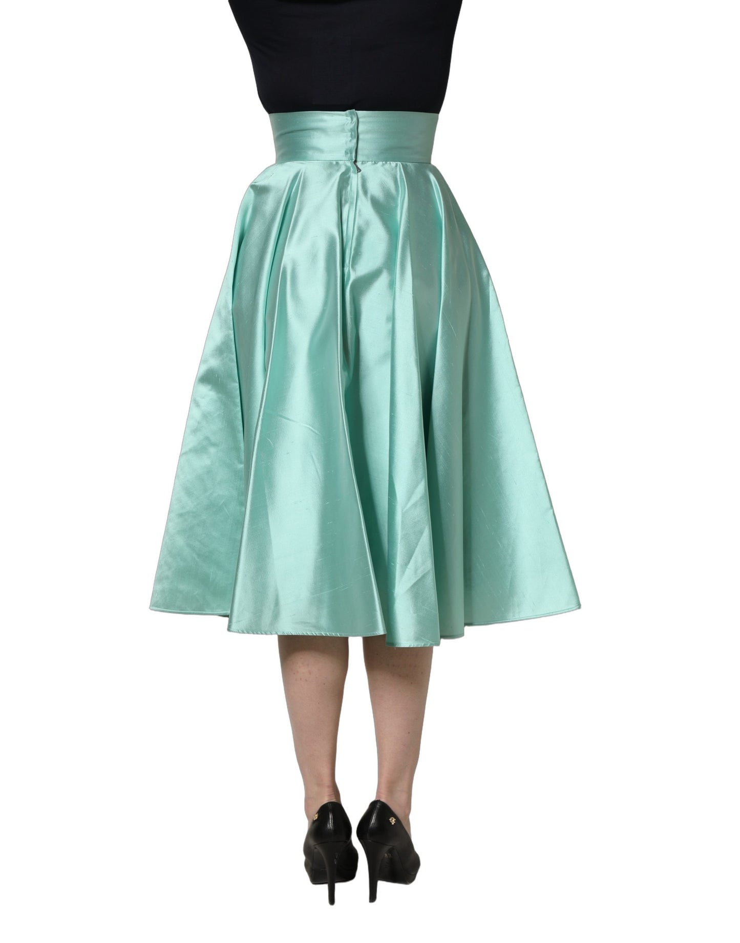 Dolce & Gabbana Green Satin High-Waisted Pleated A-line Midi Skirt