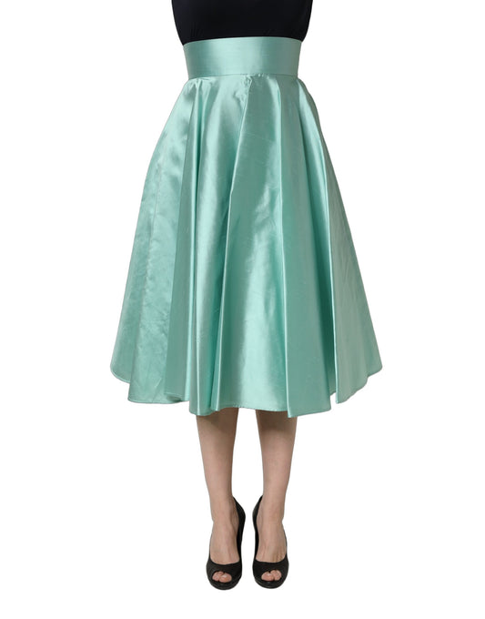 Dolce & Gabbana Green Satin High-Waisted Pleated A-line Midi Skirt