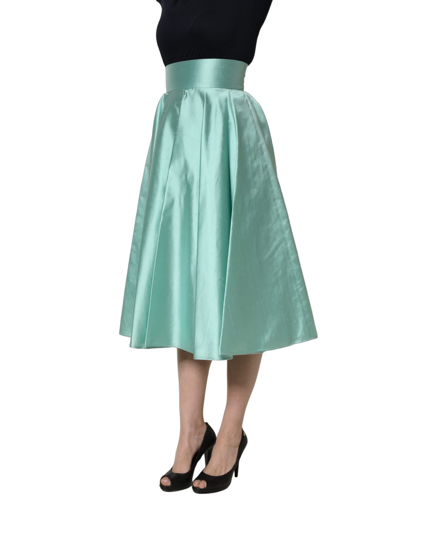 Dolce & Gabbana Green Satin High-Waisted Pleated A-line Midi Skirt