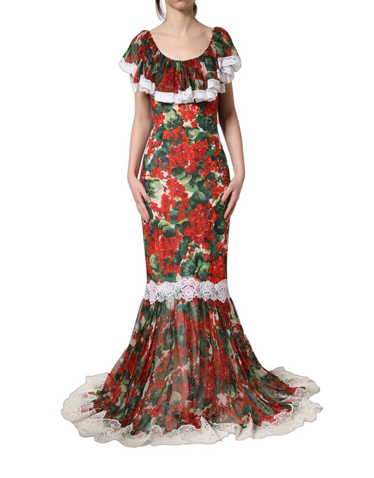 Dolce & Gabbana Maxiklänning i spets med flerfärgat pelargonmönster