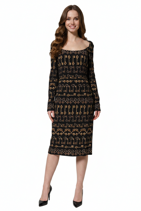 Dolce & Gabbana Black Key Print Long Sleeves Sheath Midi Dress