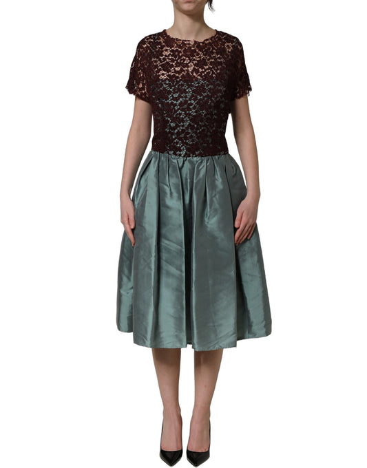 Dolce & Gabbana flerfärgad blommig spets- och taftklänning med plissering, midi-modell