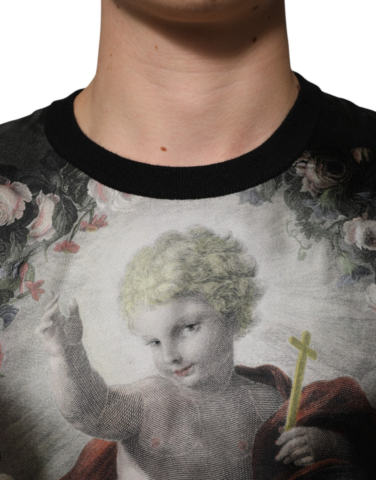 Dolce & Gabbana svart kashmirtröja med änglatryck och barockmönster