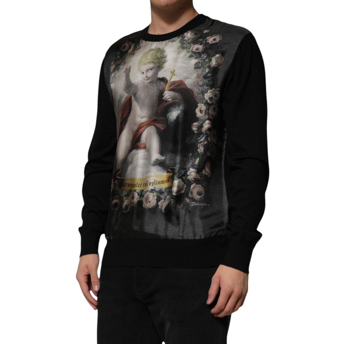Dolce & Gabbana svart kashmirtröja med änglatryck och barockmönster
