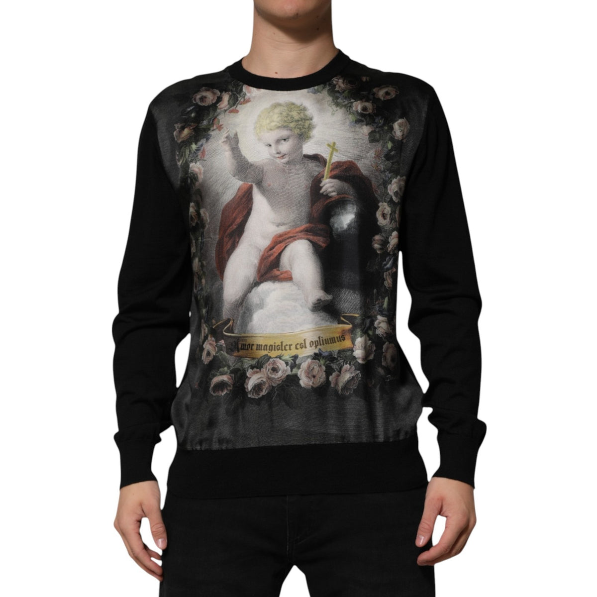 Dolce & Gabbana svart kashmirtröja med änglatryck och barockmönster