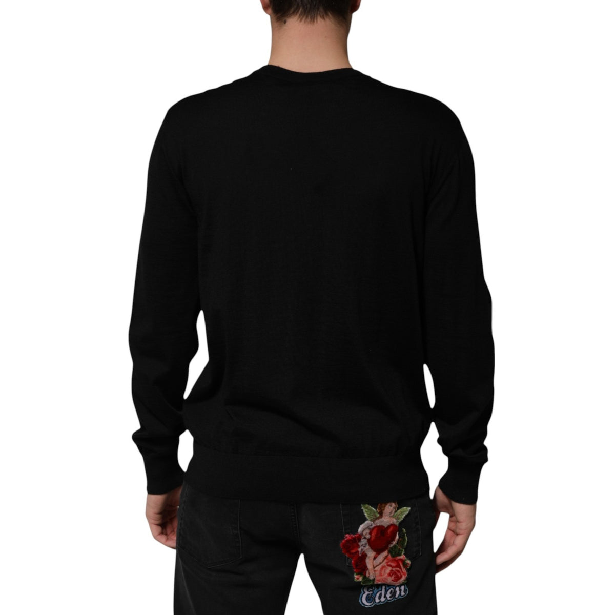 Dolce & Gabbana svart kashmirtröja med änglatryck och barockmönster