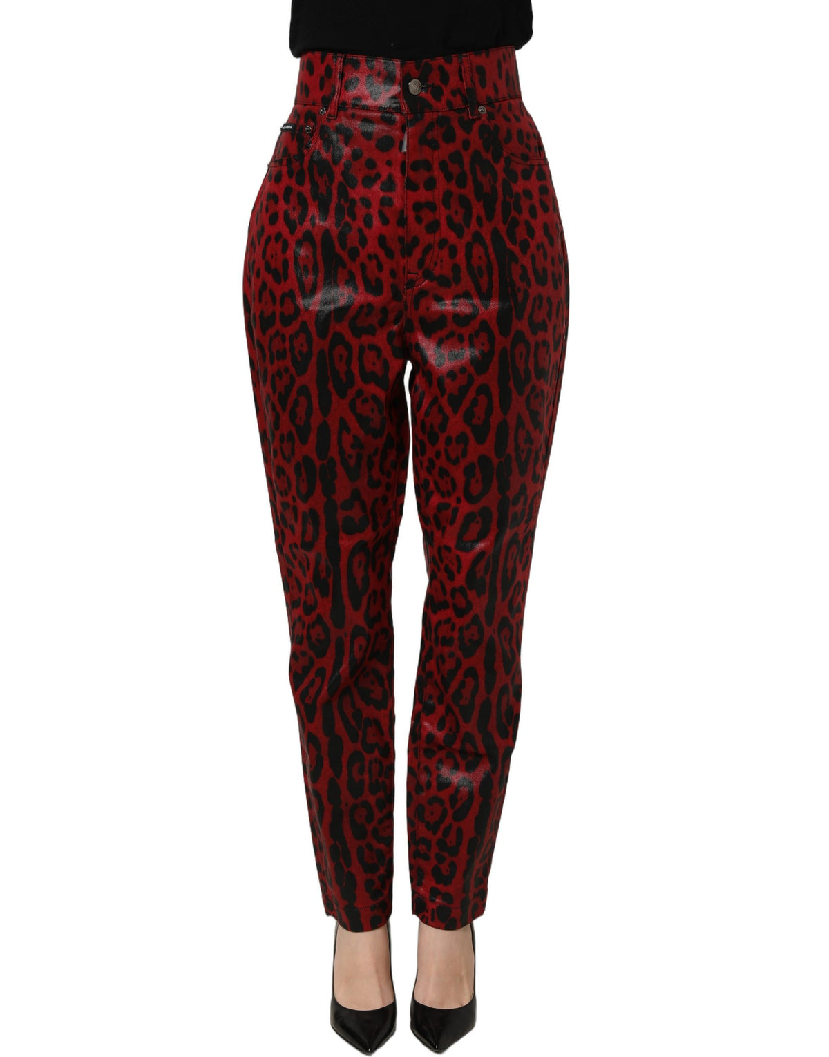 Dolce & Gabbana röda leopardmönstrade jeans i bomull med fem fickor