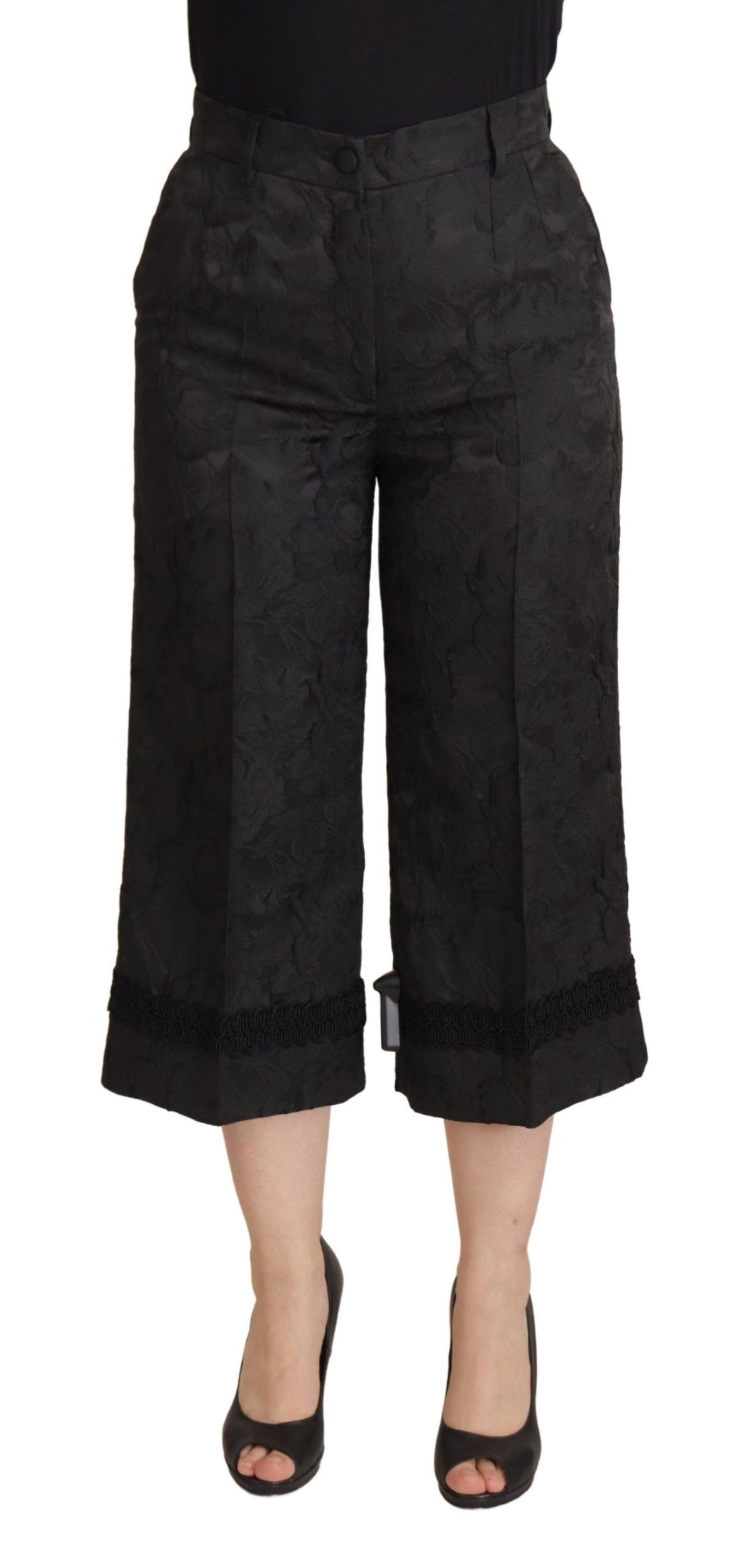 Dolce & Gabbana svarta brokadbyxor med hög midja och kort benlängd