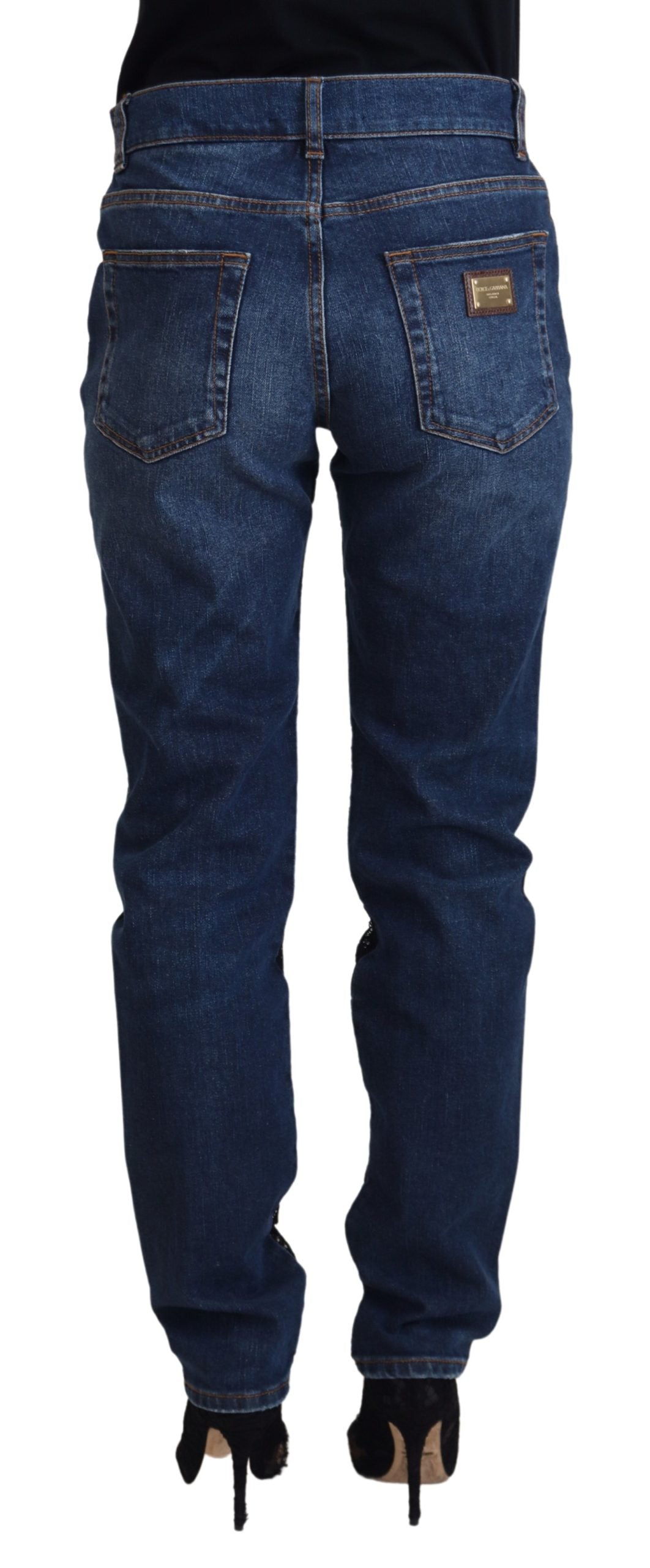 Dolce &amp; Gabbana Svarta Blommiga Spetsfram Slim Jeans