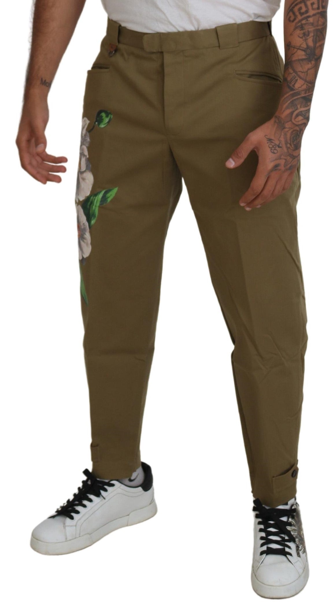 Dolce & Gabbana Beige Cotton Stretch Floral Chinos Pants