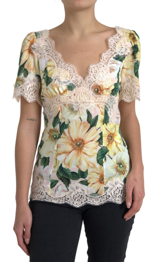 Dolce & Gabbana flerfärgad blommig spetsblus med v-ringning