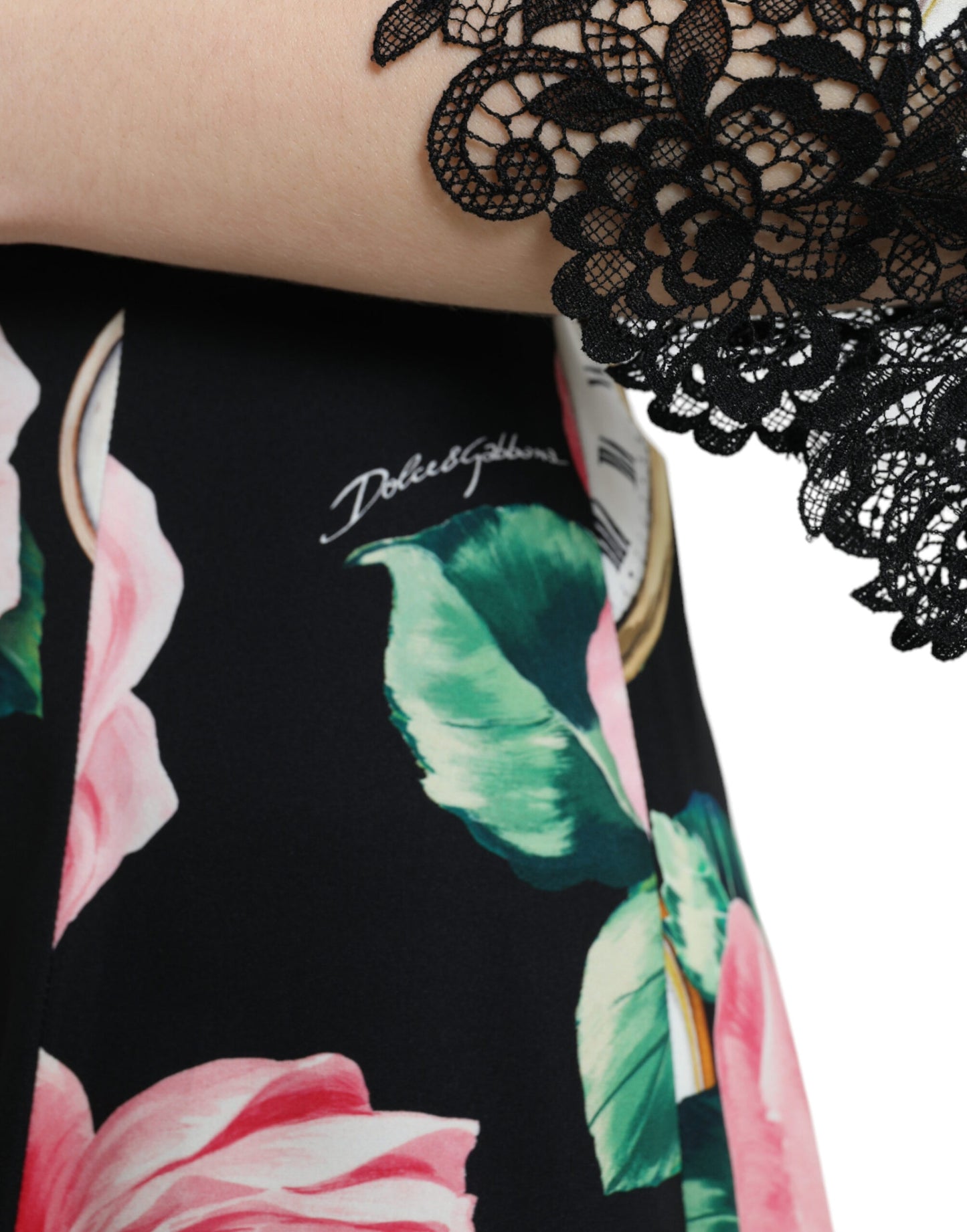 Dolce &amp; Gabbana Svart Blommig Spetsklänning med A-linje