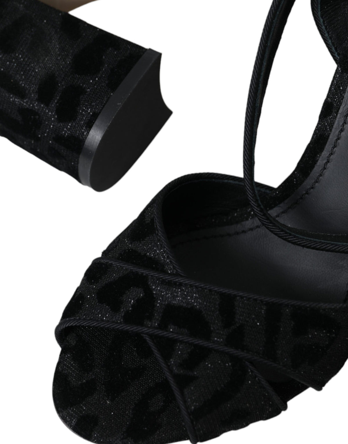 Dolce & Gabbana svarta högklackade sandaler i mocka med leopardmönster