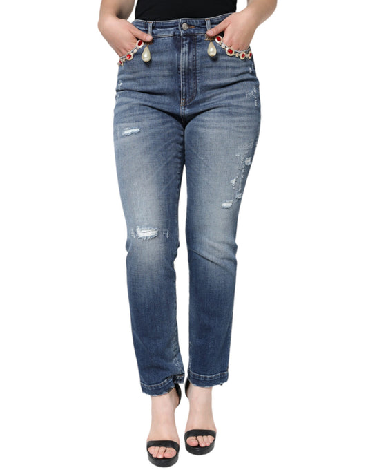 Dolce &amp; Gabbana mörkblå bomullsslitna skinny denimjeans