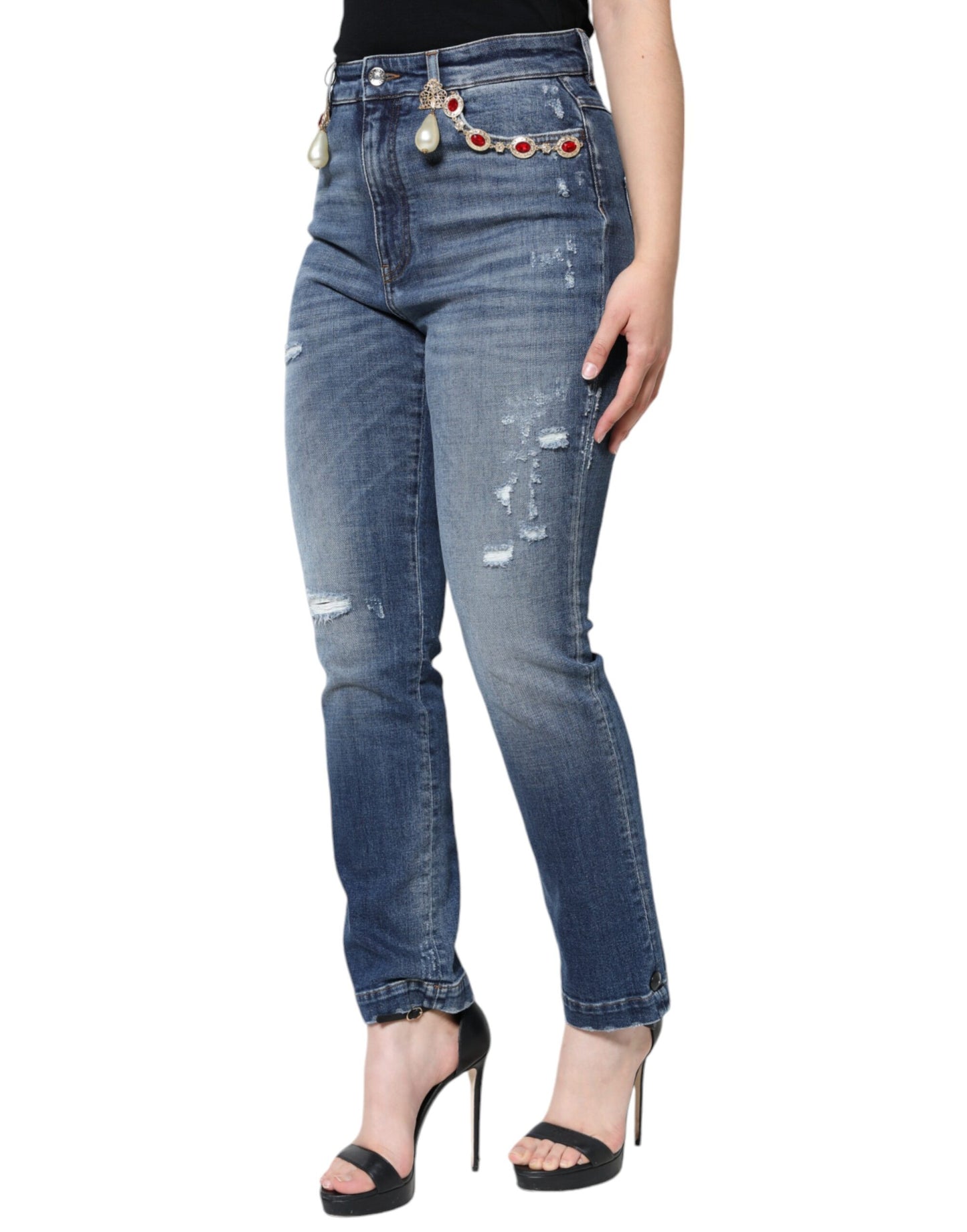 Dolce &amp; Gabbana mörkblå bomullsslitna skinny denimjeans