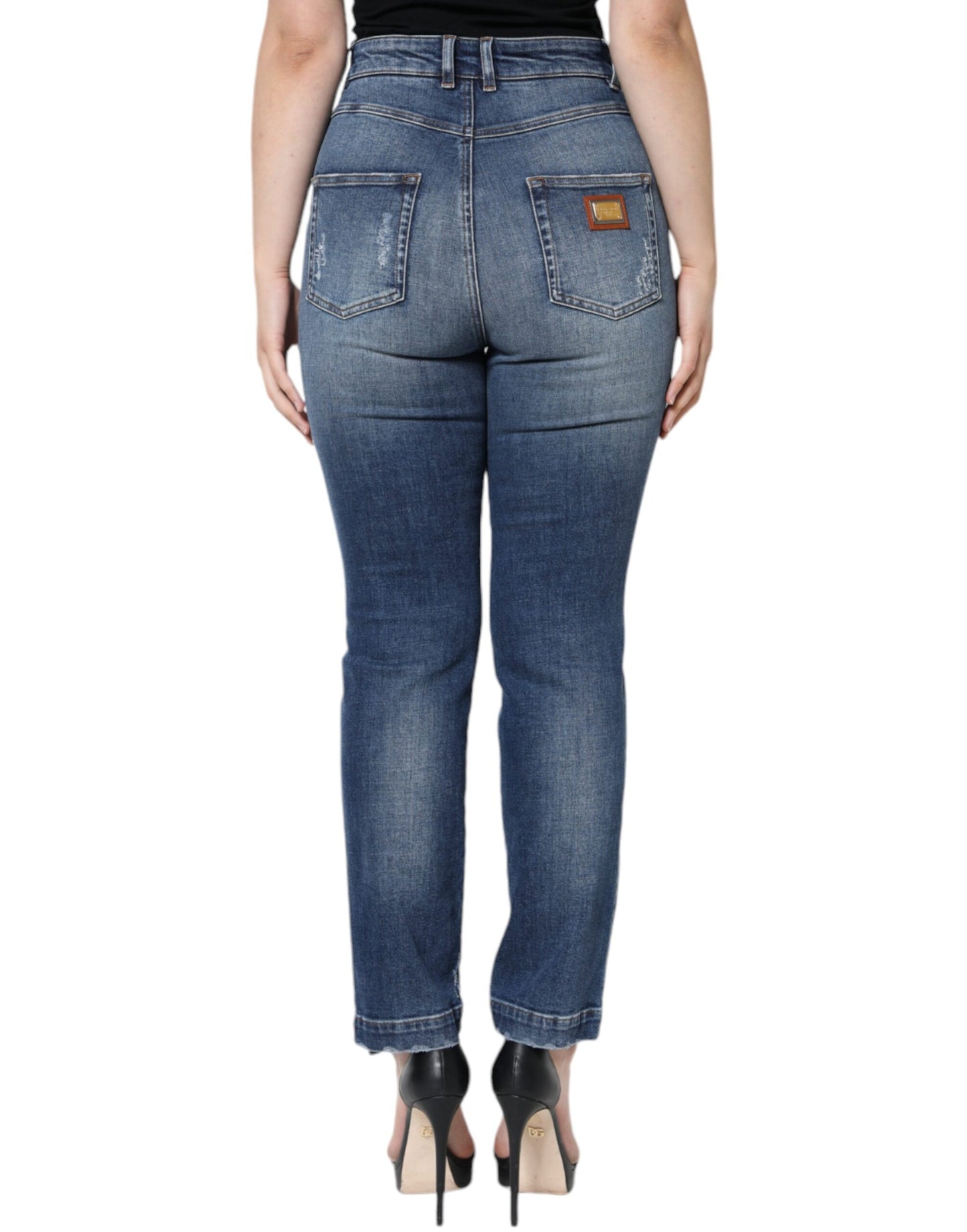 Dolce &amp; Gabbana mörkblå bomullsslitna skinny denimjeans