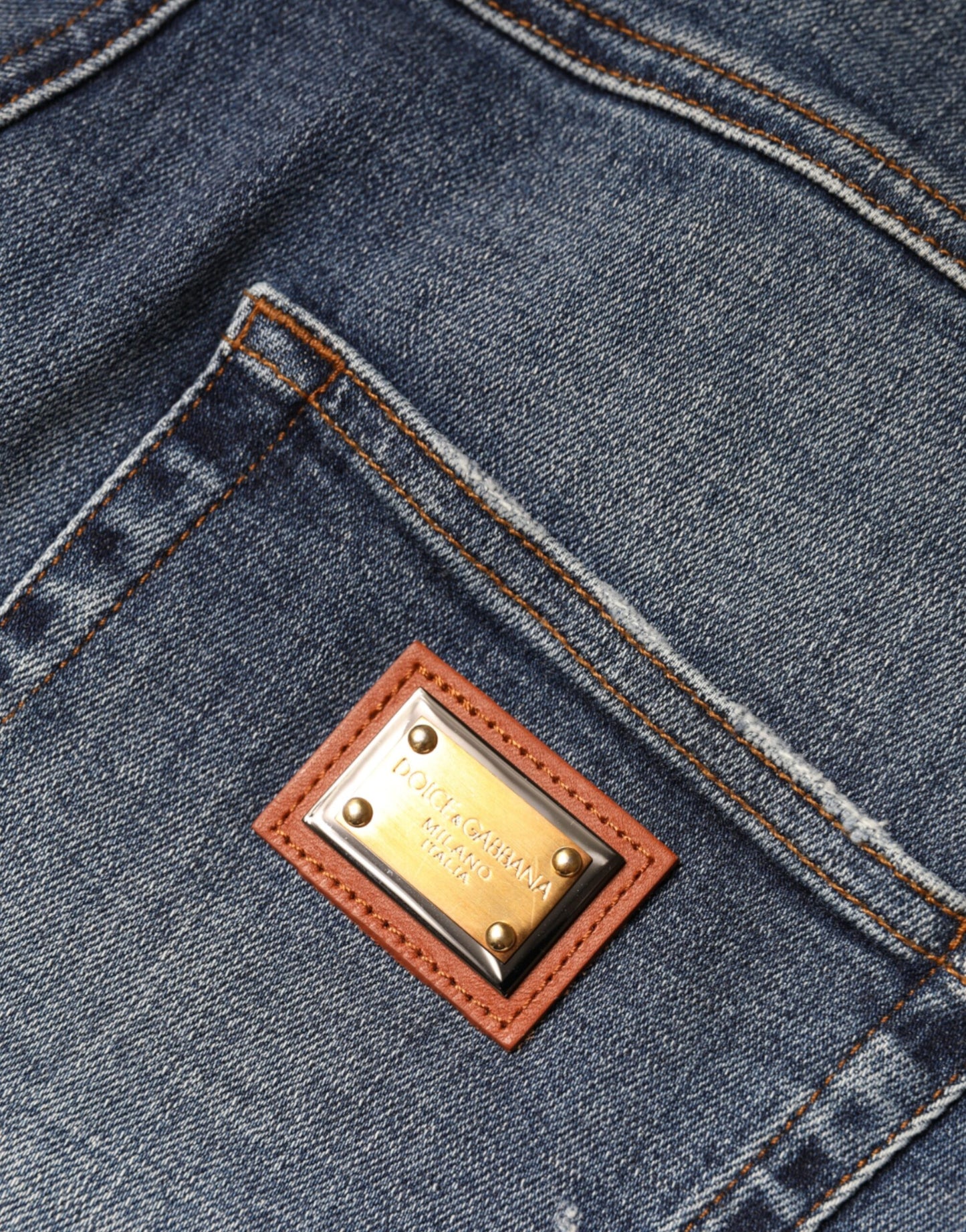 Dolce &amp; Gabbana mörkblå bomullsslitna skinny denimjeans