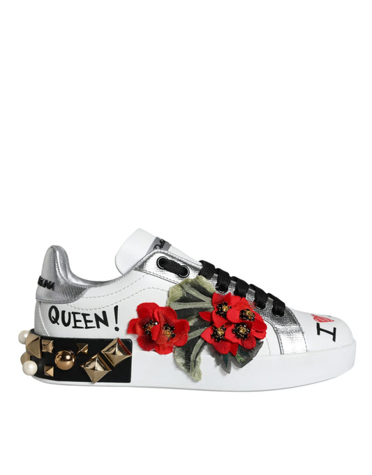 Dolce &amp; Gabbana Vita Läder Sneakers Skor Med Blommiga Nitar