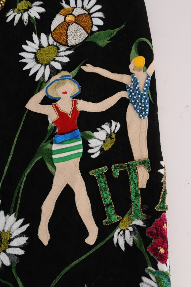 Dolce &amp; Gabbana Svart Kjol med Brokad och Utsmyckad Prästkrage