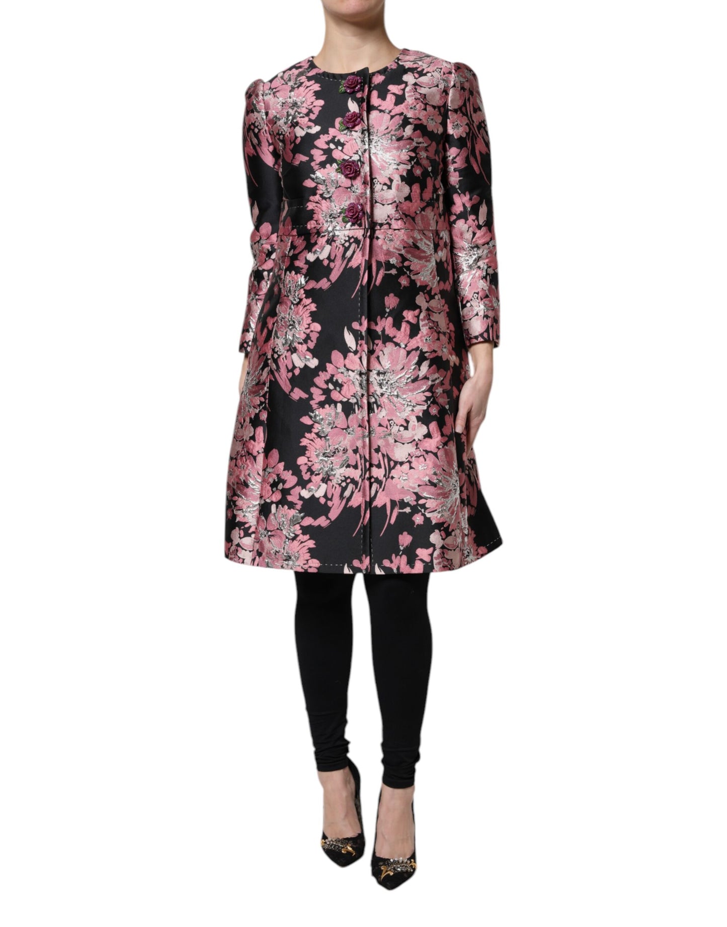 Dolce &amp; Gabbana Rosa Svart Blommig Brokad Trenchcoatjacka
