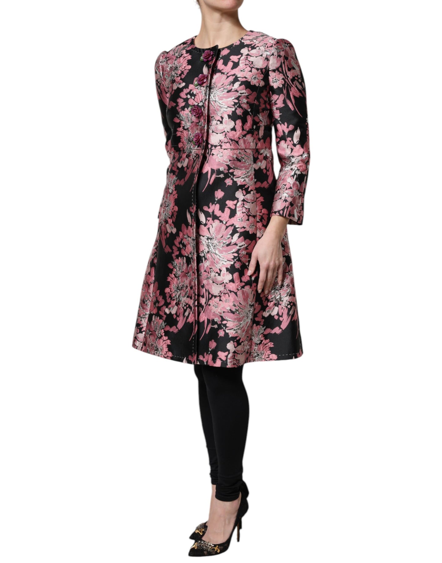 Dolce &amp; Gabbana Rosa Svart Blommig Brokad Trenchcoatjacka