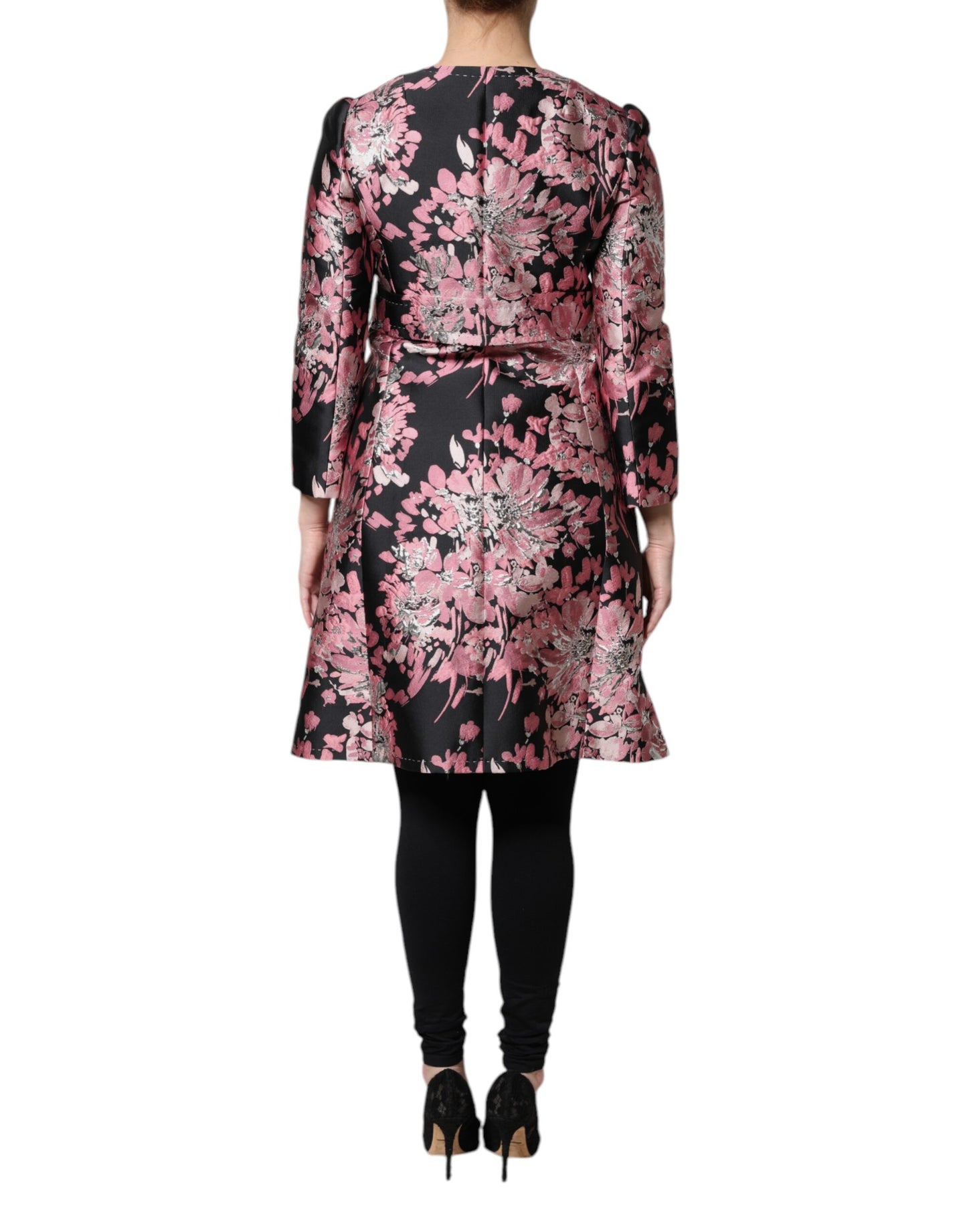 Dolce &amp; Gabbana Rosa Svart Blommig Brokad Trenchcoatjacka