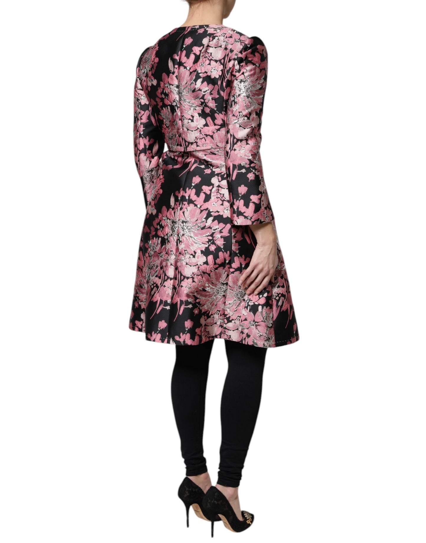 Dolce &amp; Gabbana Rosa Svart Blommig Brokad Trenchcoatjacka