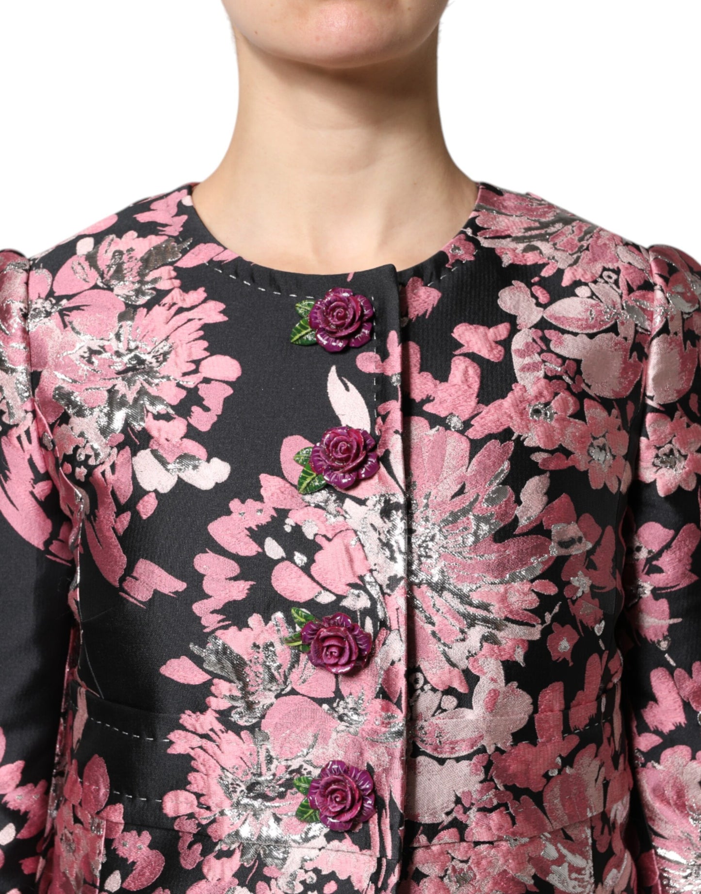 Dolce &amp; Gabbana Rosa Svart Blommig Brokad Trenchcoatjacka