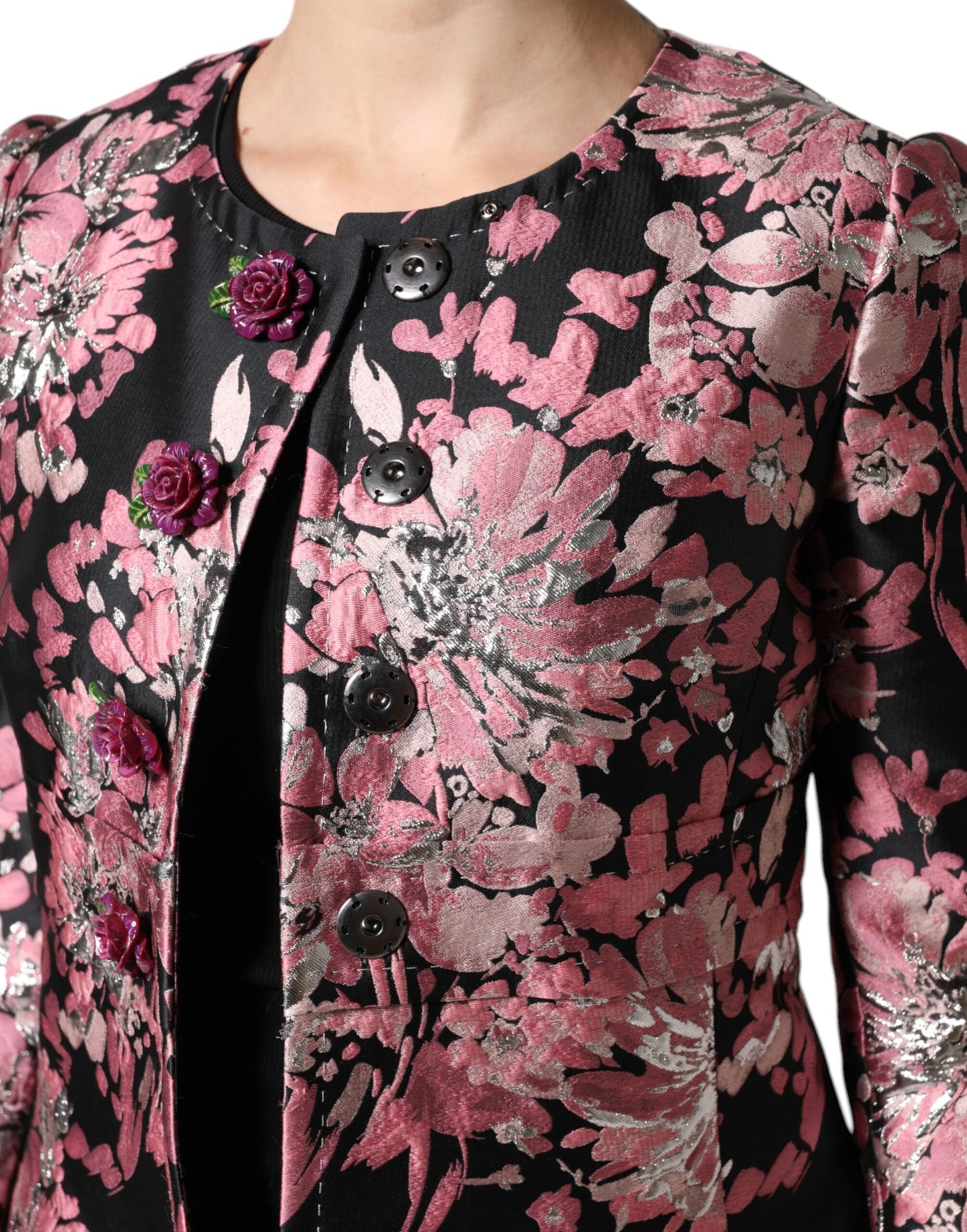 Dolce &amp; Gabbana Rosa Svart Blommig Brokad Trenchcoatjacka