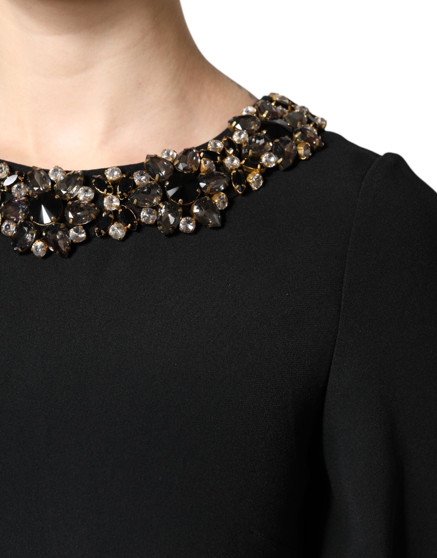 Dolce &amp; Gabbana Svart Kristallutsmyckad Miniklänning med Rund Halsringning