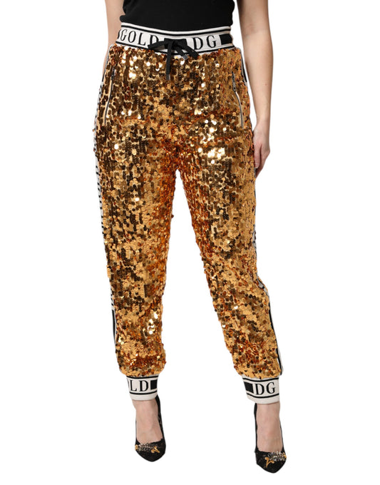 Dolce &amp; Gabbana Metallic Gold DG Logo Paljettmönstrade Joggingbyxor