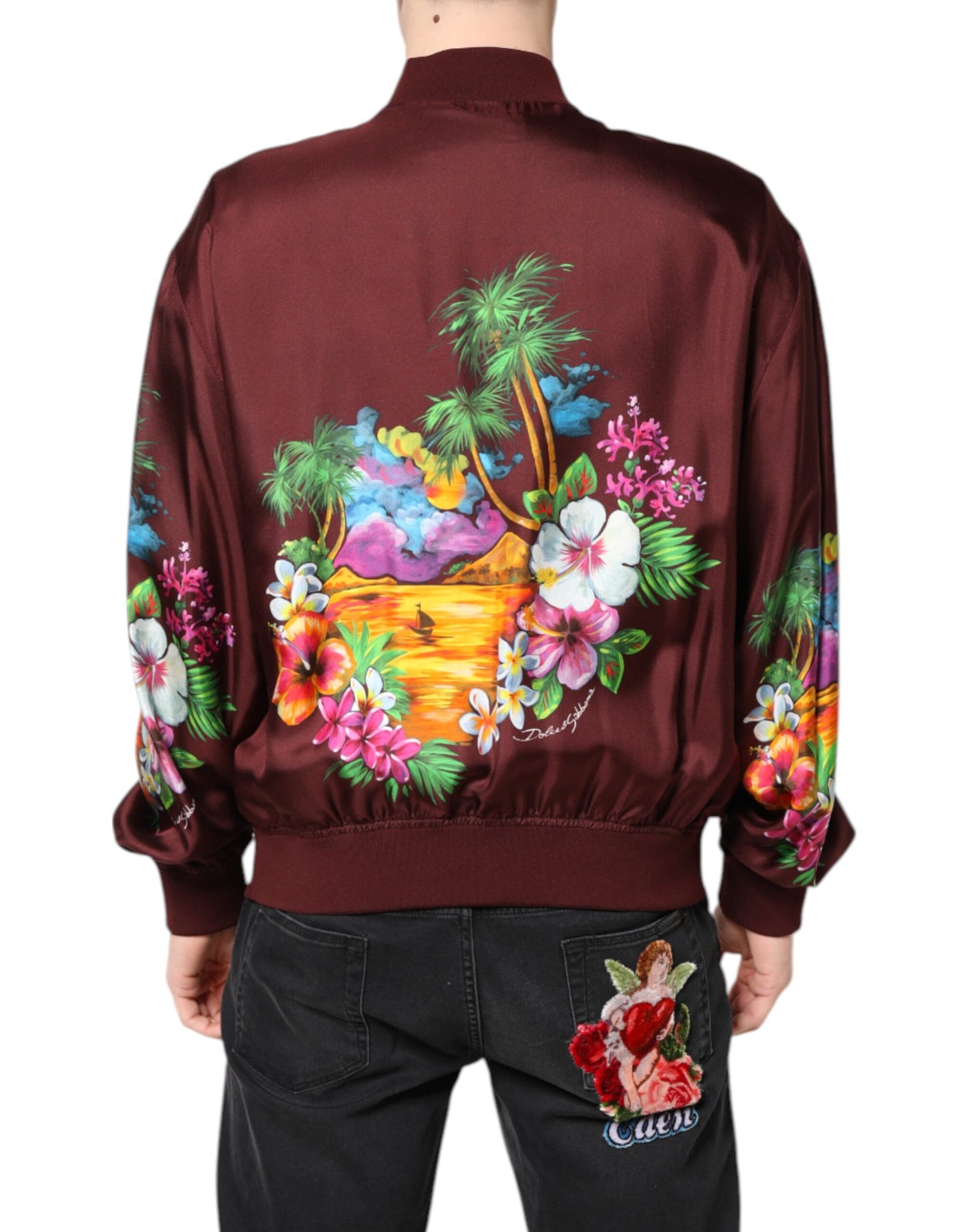 Dolce & Gabbana Maroon Floral Print Full Zip Bomber Jacket
