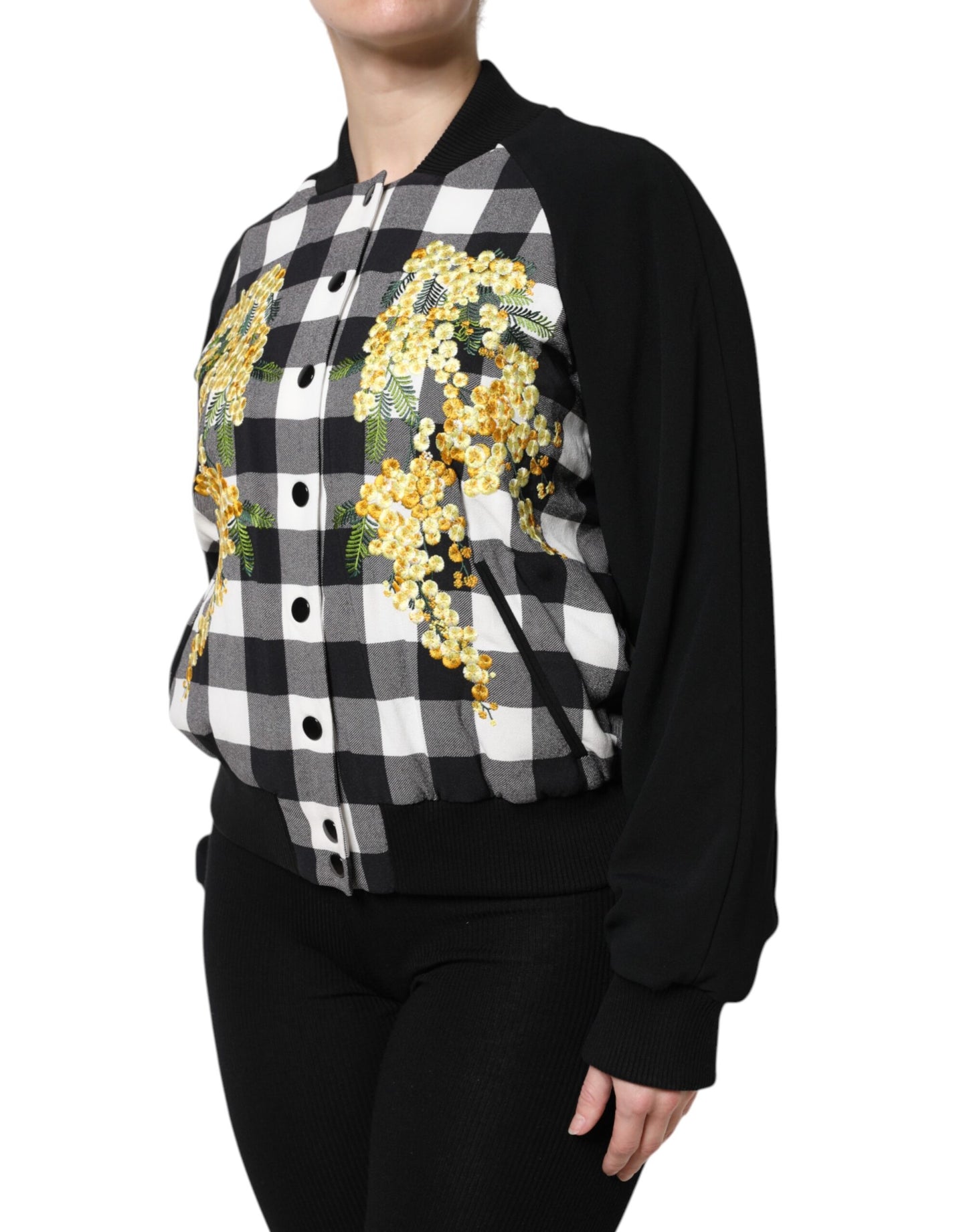 Dolce & Gabbana Black White Check Floral Button Down Jacket