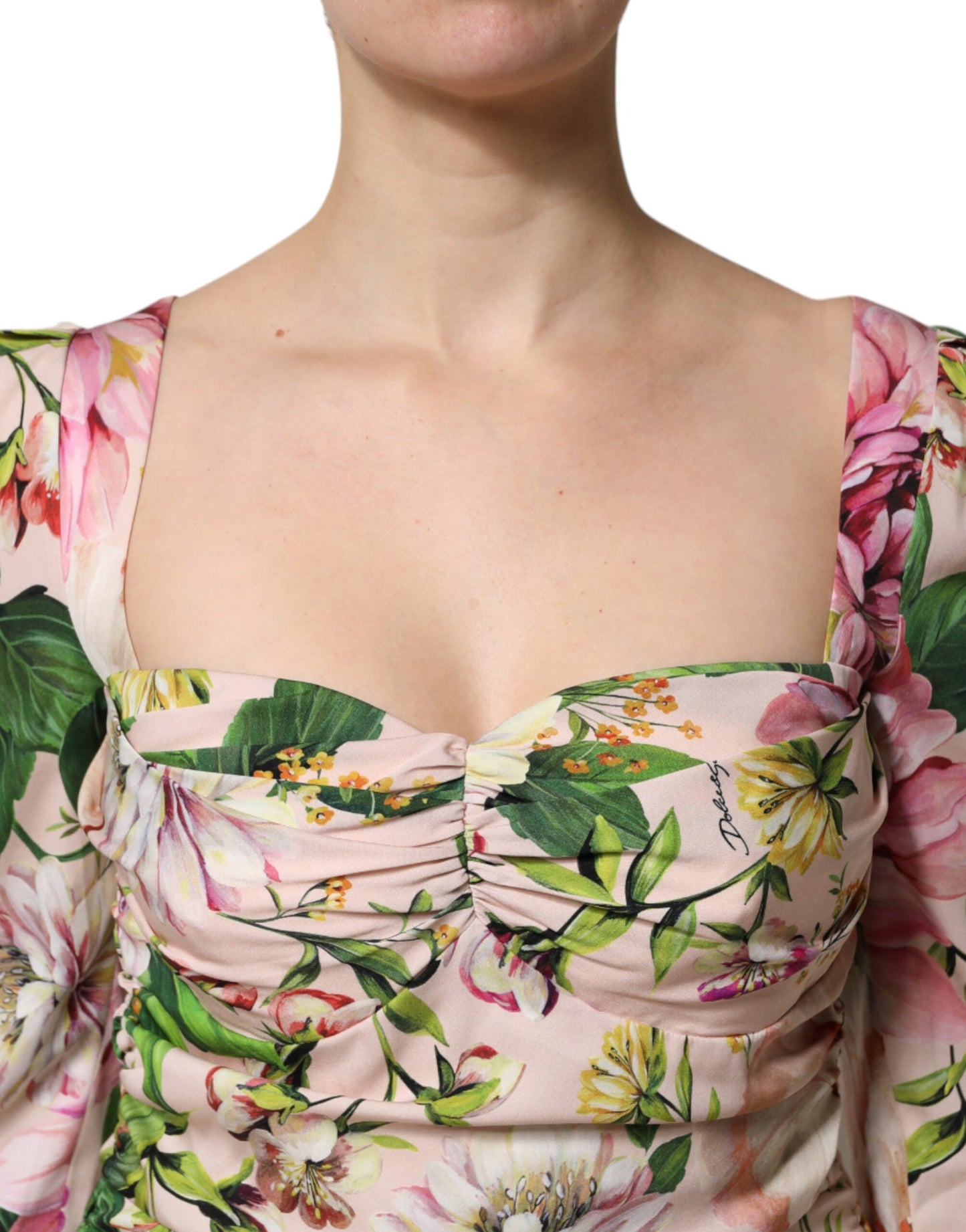 Dolce &amp; Gabbana Rosa Blommig Sidenklänning med Utsvängd Halsringning