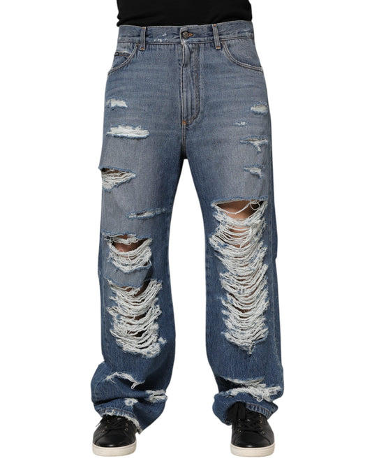 Dolce & Gabbana Blå slitna jeans i bomull med logoplakett