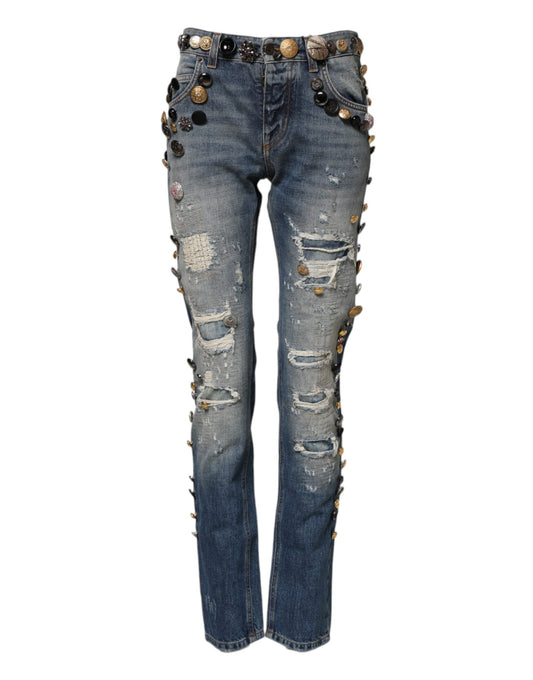 Dolce &amp; Gabbana Blå Utsmyckade Trasiga SkinnyJeans