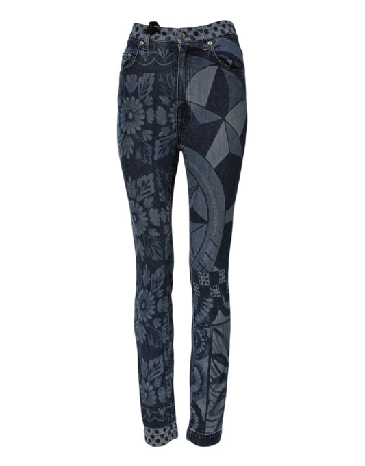 Dolce &amp; Gabbana Blå Grafiskt Mönstrade Bomulls Skinny Denim Jeans