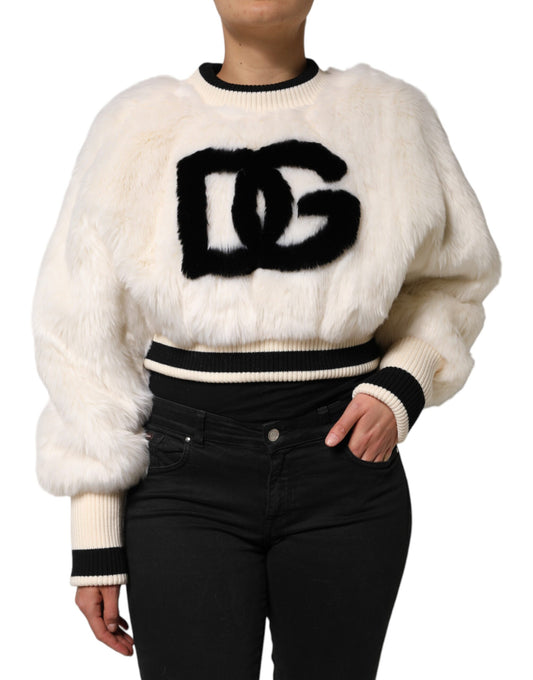 Dolce & Gabbana White Cropped Synthetic Fur DG Sweatshirt Sweater