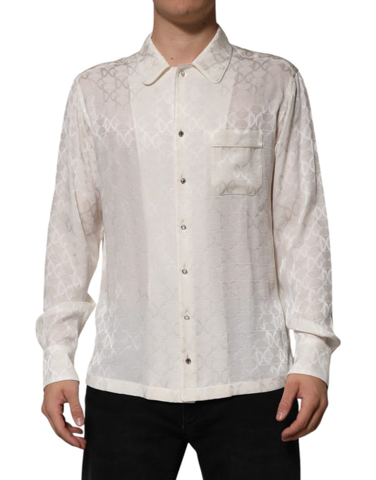 Dolce & Gabbana White Silk DG Logo Print Long Sleeves Shirt