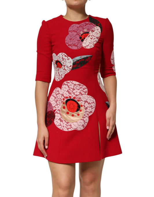 Dolce &amp; Gabbana Röd Spets Blommig Applikation A-linje Miniklänning