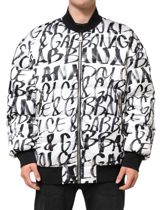 Dolce & Gabbana White Black Graffiti Logo Puffer Bomber Jacket