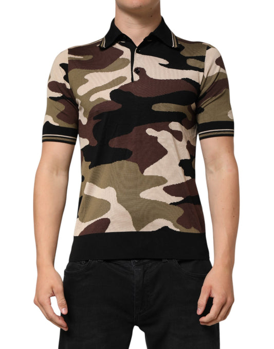 Dolce & Gabbana Camouflage Brown Silk Military Polo T-shirt