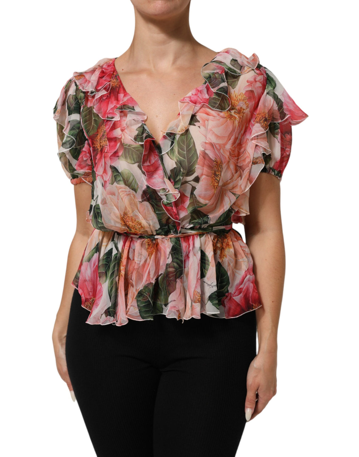 Dolce & Gabbana Pink Camellias Printed Silk V-neck Blouse Top