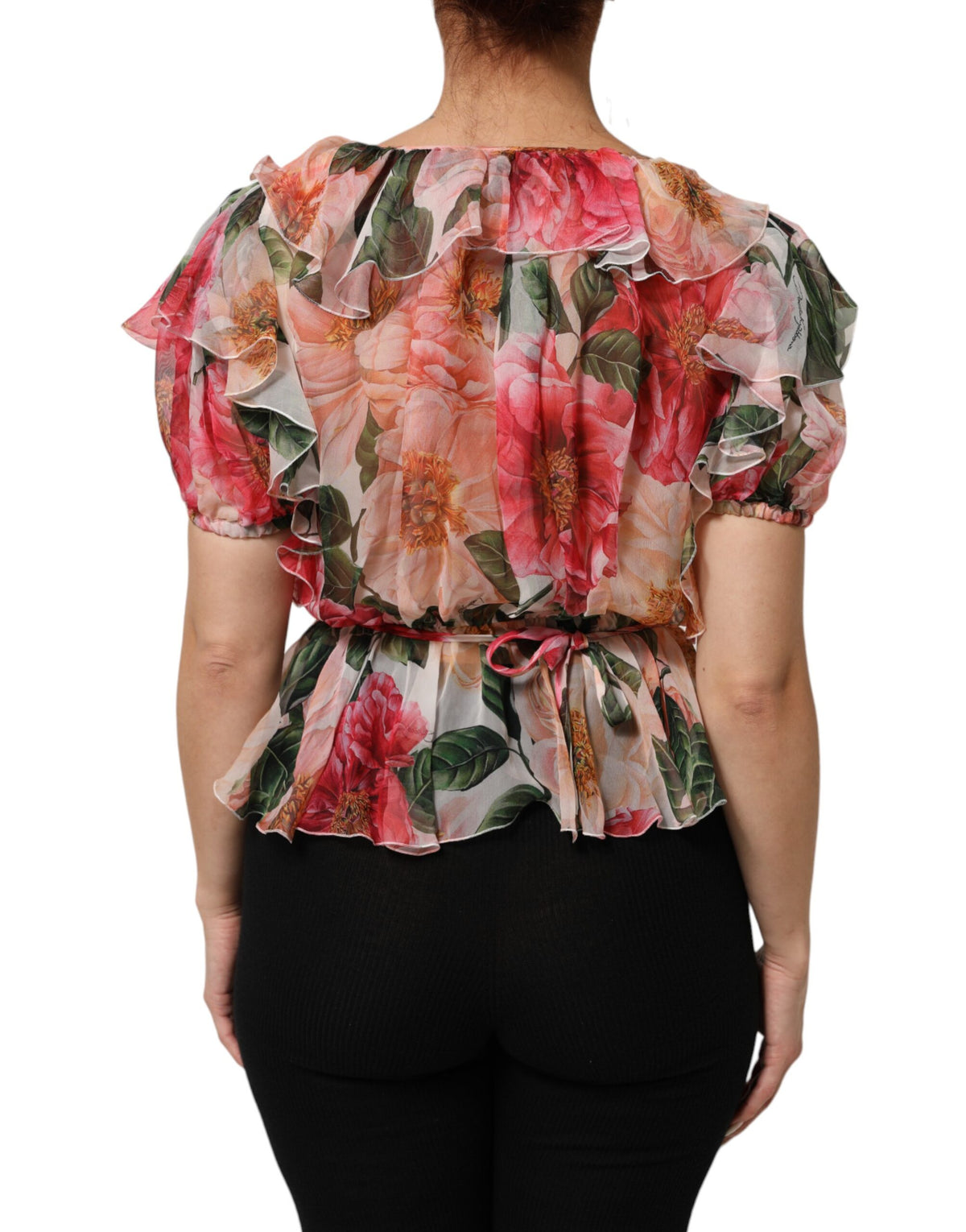 Dolce & Gabbana Pink Camellias Printed Silk V-neck Blouse Top